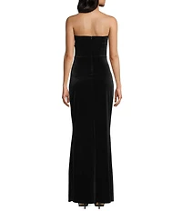 Pear Culture Velvet Strapless Twist Front Illusion Bodice Front Slit Ballgown