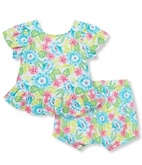 Peek Baby Girls 6-24 Months Short Sleeve Floral Printed Knit Top & Matching Shorts Set