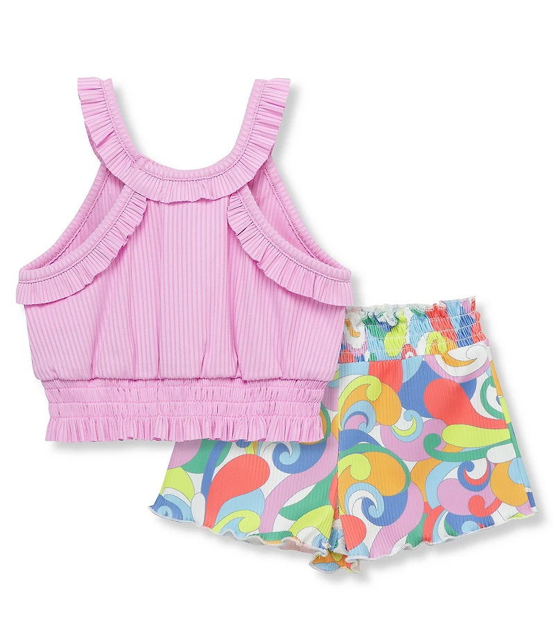 Peek Baby Girls Sleeveless Ruffled Solid Knit Tank Top & Printed Shorts Set