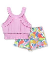 Peek Baby Girls Sleeveless Ruffled Solid Knit Tank Top & Printed Shorts Set