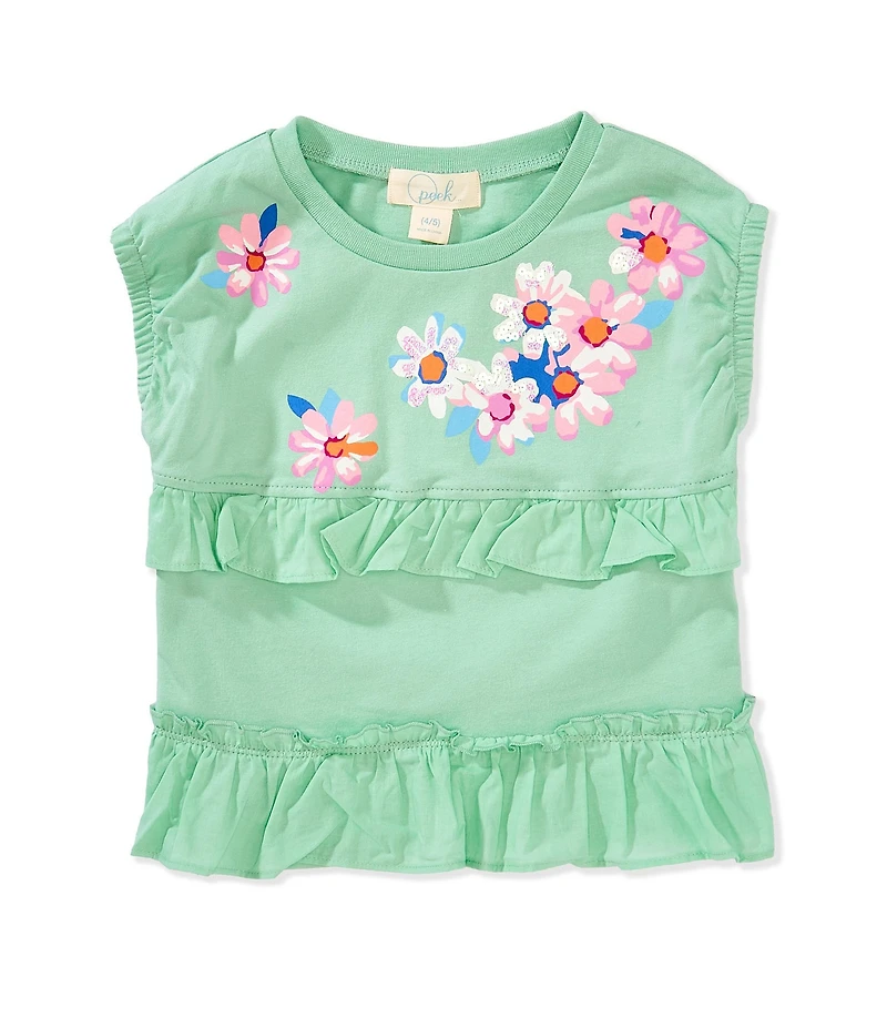 Peek Little Girls Cap Sleeve Sequin Floral Graphic Ruffle Top