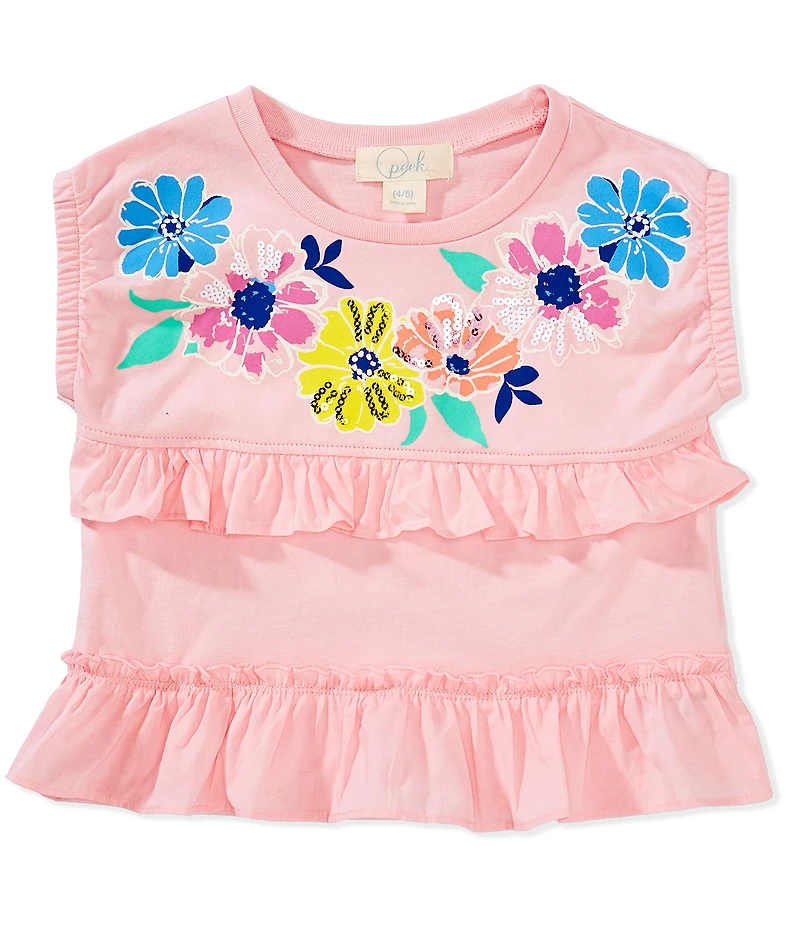 Peek Little Girls Cap Sleeve Sequin Floral Graphic Ruffle Top