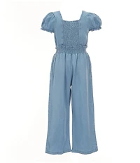Peek Little Girls Short Puff Sleeve Floral Embroidery Jumpsuit