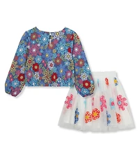 Peek Little/Big Girls Long-Sleeve Flower-Printed Knit Top & Floral-Appliqued Mesh Tutu Skirt