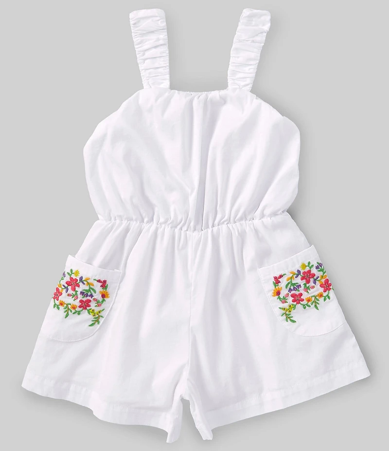 Peek Little/Big Girls Sleeveless Floral-Embroidered Pocketed Romper