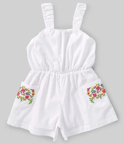 Peek Little/Big Girls Sleeveless Floral-Embroidered Pocketed Romper