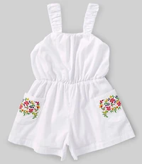 Peek Little/Big Girls Sleeveless Floral-Embroidered Pocketed Romper