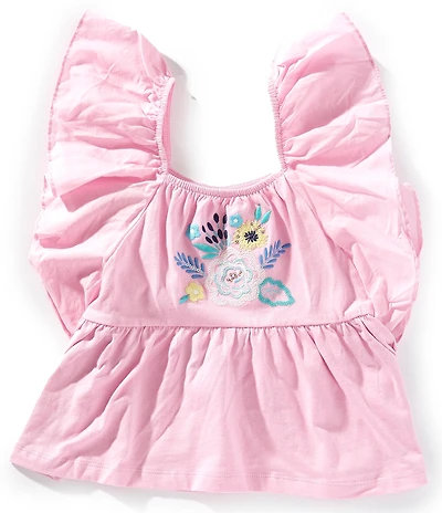 Peek Little/Big Girls Flutter-Sleeve Sequin-Embellished Embroidered-Floral Motif Gauze Top