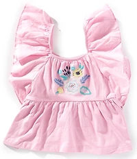 Peek Little/Big Girls Flutter-Sleeve Sequin-Embellished Embroidered-Floral Motif Gauze Top