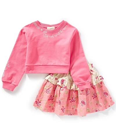 Peek Little/Big Girls Rose-Embroidered Top & Rose-Printed Ruffle-Tier Skirt Set