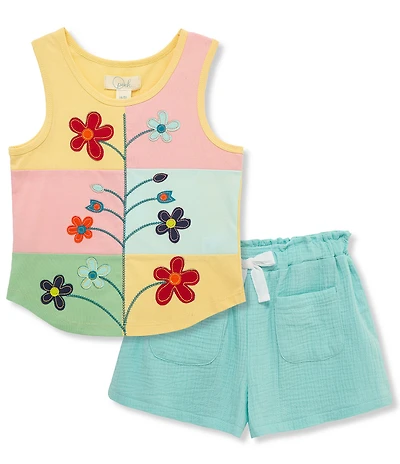 Peek Little/Big Girls Sleeveless Color Block/Growing Flower Tank Top & Solid Shorts Set