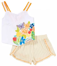 Peek Little/Big Girls Sleeveless Floral-Embroidered Pointed-Hem Tank Top & Striped Shorts Set