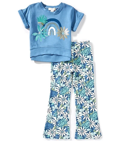 Peek Little/Big Girls Short Sleeve Rainbow/Flower Motif T-Shirt & Flower-Printed Palazzo Pants Set