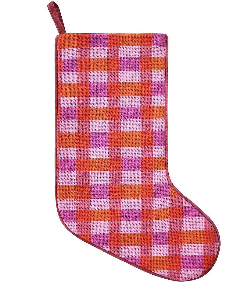 Peking Handicraft Abstract Plaid Pink Embroidered Needlepoint Holiday Stocking