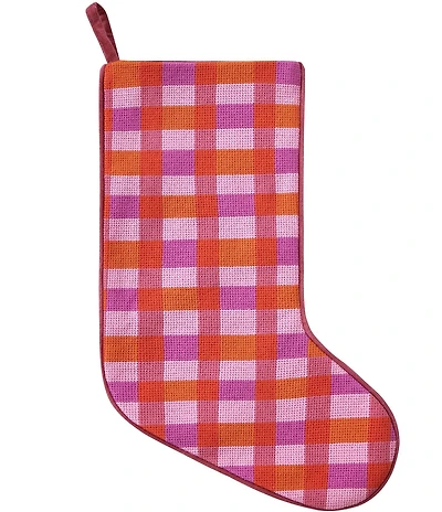 Peking Handicraft Abstract Plaid Pink Embroidered Needlepoint Holiday Stocking