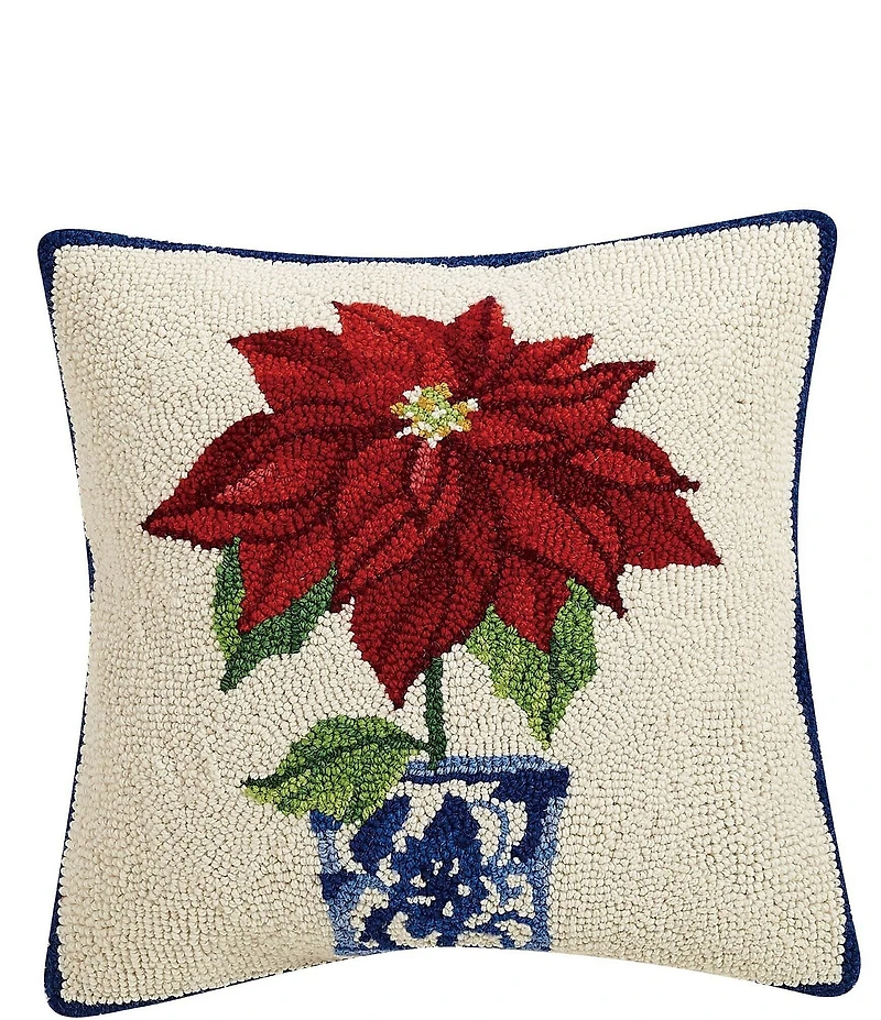 Peking Handicraft Holiday Chinoiserie Poinsettia Hooked Wool Square Pillow