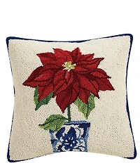 Peking Handicraft Holiday Chinoiserie Poinsettia Hooked Wool Square Pillow