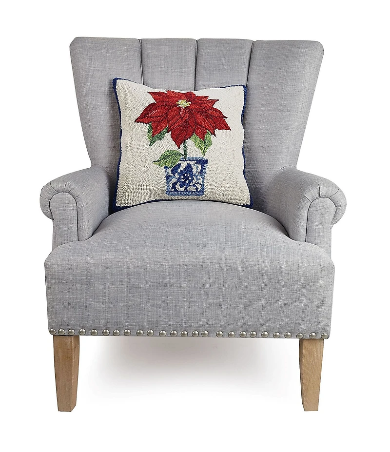 Peking Handicraft Holiday Chinoiserie Poinsettia Hooked Wool Square Pillow