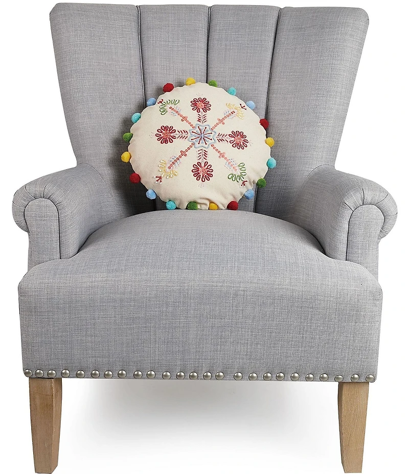 Peking Handicraft Holiday Collection Boho Holiday Snowflake Embroidered Round Decorative Pillow