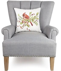 Peking Handicraft Holiday Collection Cardinal On Holly Branch Printed Embroidered Decorative Square Pillow