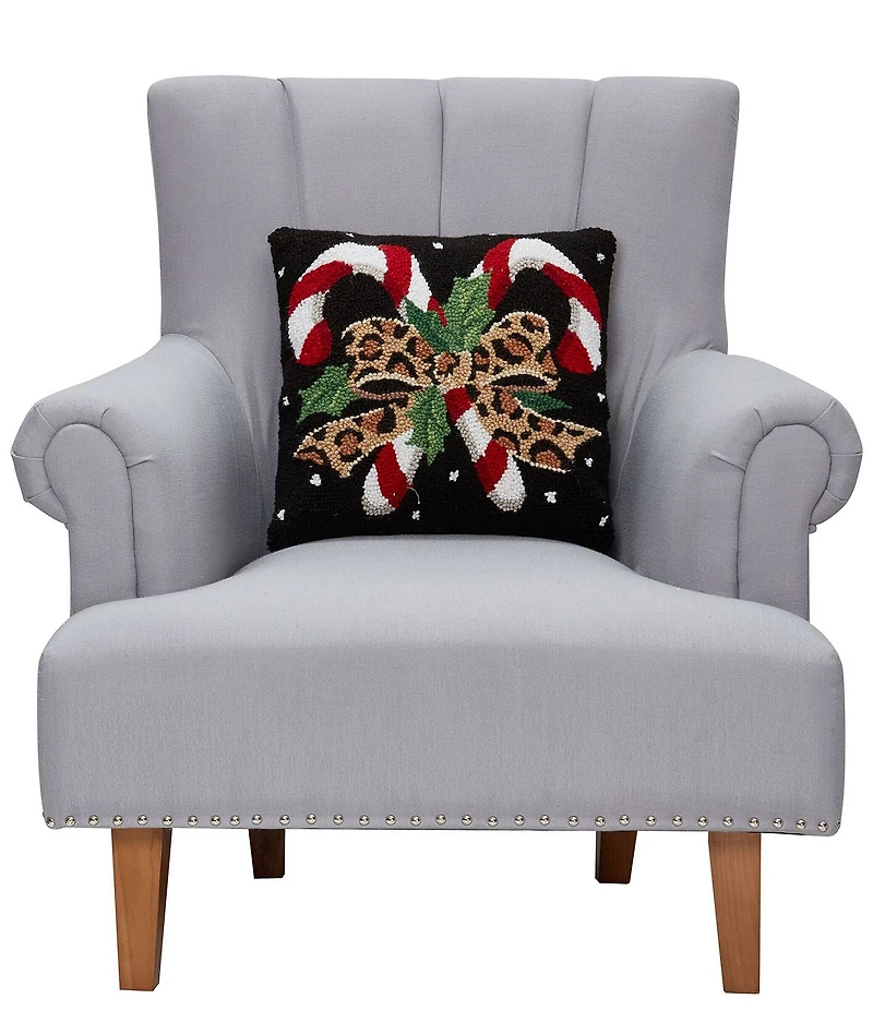 Peking Handicraft Holiday Collection Leopard Candy Canes Wool Hooked Pillow
