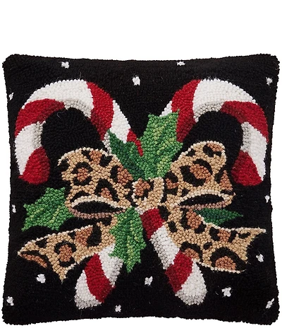 Peking Handicraft Holiday Collection Leopard Candy Canes Wool Hooked Pillow