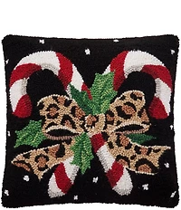 Peking Handicraft Holiday Collection Leopard Candy Canes Wool Hooked Pillow