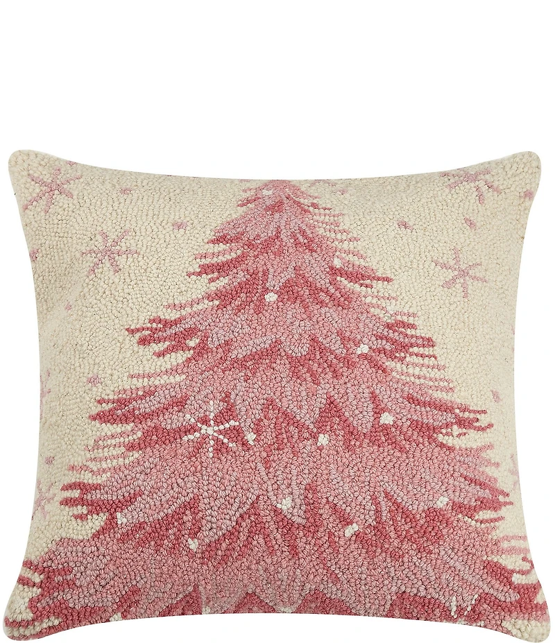 Peking Handicraft Holiday Collection Pink Christmas Tree Hooked Wool Pillow