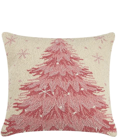 Peking Handicraft Holiday Collection Pink Christmas Tree Hooked Wool Pillow