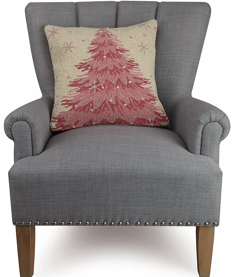 Peking Handicraft Holiday Collection Pink Christmas Tree Hooked Wool Pillow