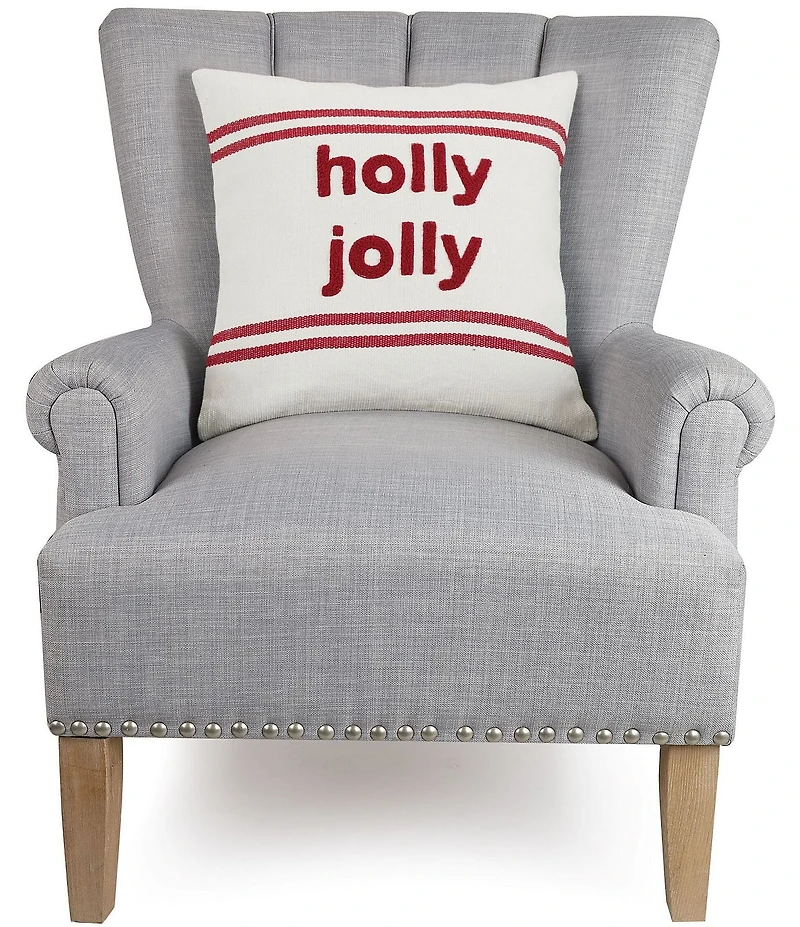 Peking Handicraft Holiday Collection Stripe Boucle Holy Jolly Embroidered Square Pillow