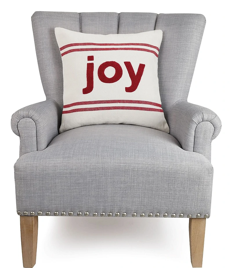 Peking Handicraft Holiday Collection Stripe Boucle Joy Embroidered Square Pillow