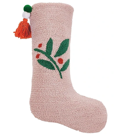 Peking Handicraft Pink Berries Wool Hand-Hooked Stocking with Pom-Pom Tassel