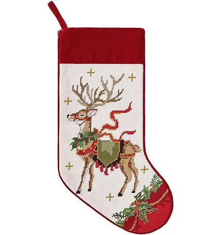 Peking Handicraft Reindeer with Wreath Embroidered Needlepoint Holiday Stocking