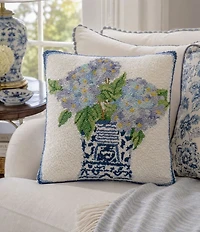 Peking Handicraft Rhapsody In Blue Floral Wool Hook Throw Square Pillow