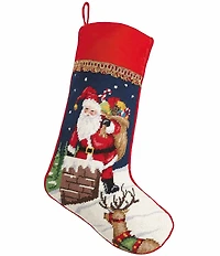 Peking Handicraft Santa Chimney Needlepoint Velvet Backing Holiday Stocking