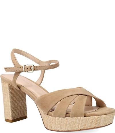 Pelle Moda Petina Suede Woven Raffia Block Heel Dress Sandals