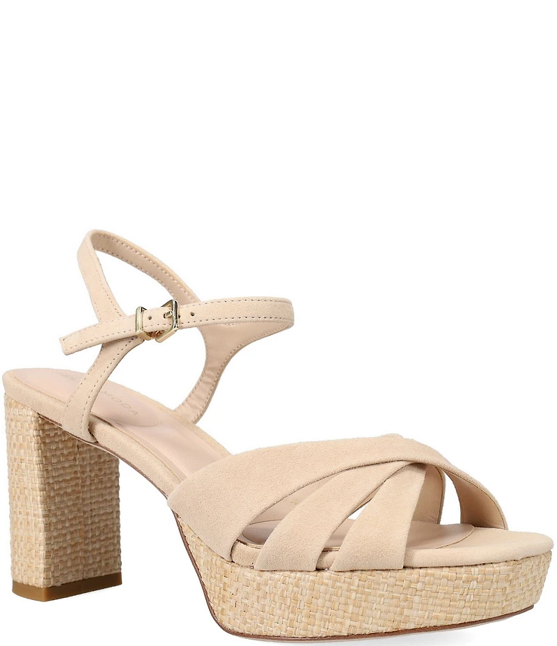 Pelle Moda Petina Suede Woven Raffia Block Heel Dress Sandals