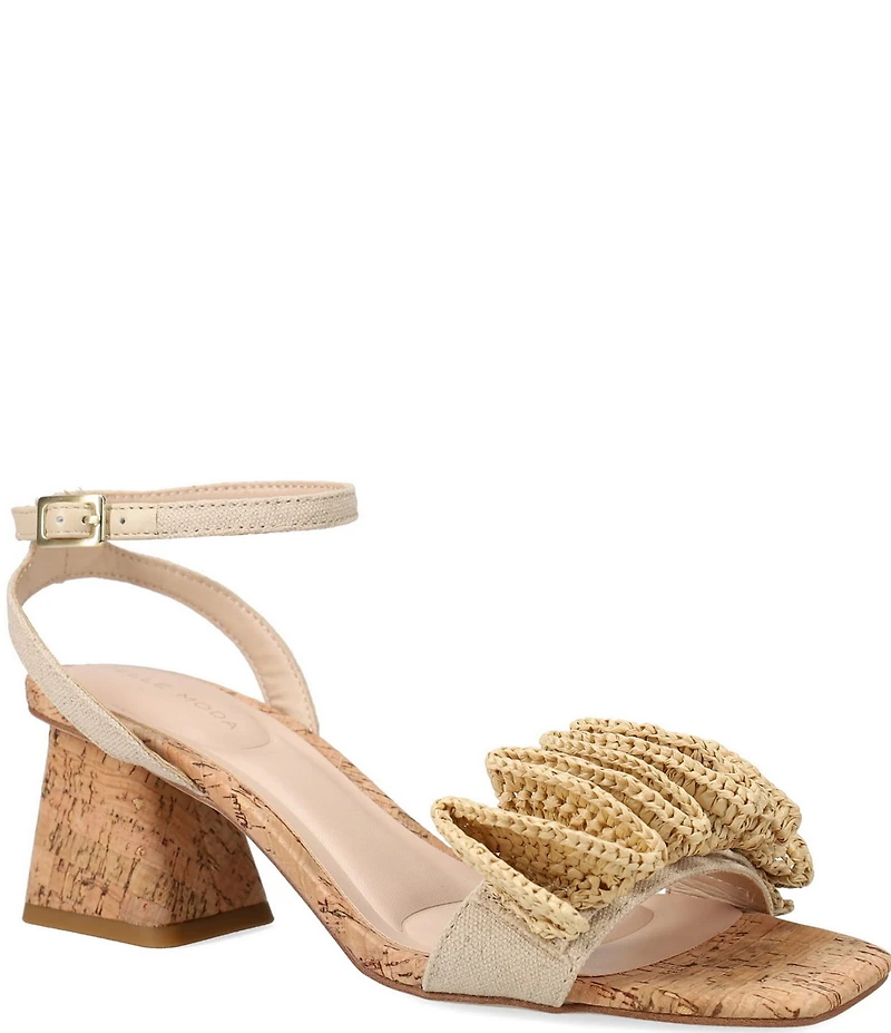 Pelle Moda Tiann Linen Ruffle Cork Block Heel Sandals