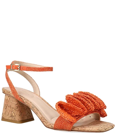 Pelle Moda Tiann Linen Ruffle Cork Block Heel Sandals
