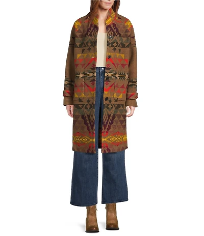 Pendleton Archive Wool Blend Jacquard Print Stand Collar Long Sleeve Coat