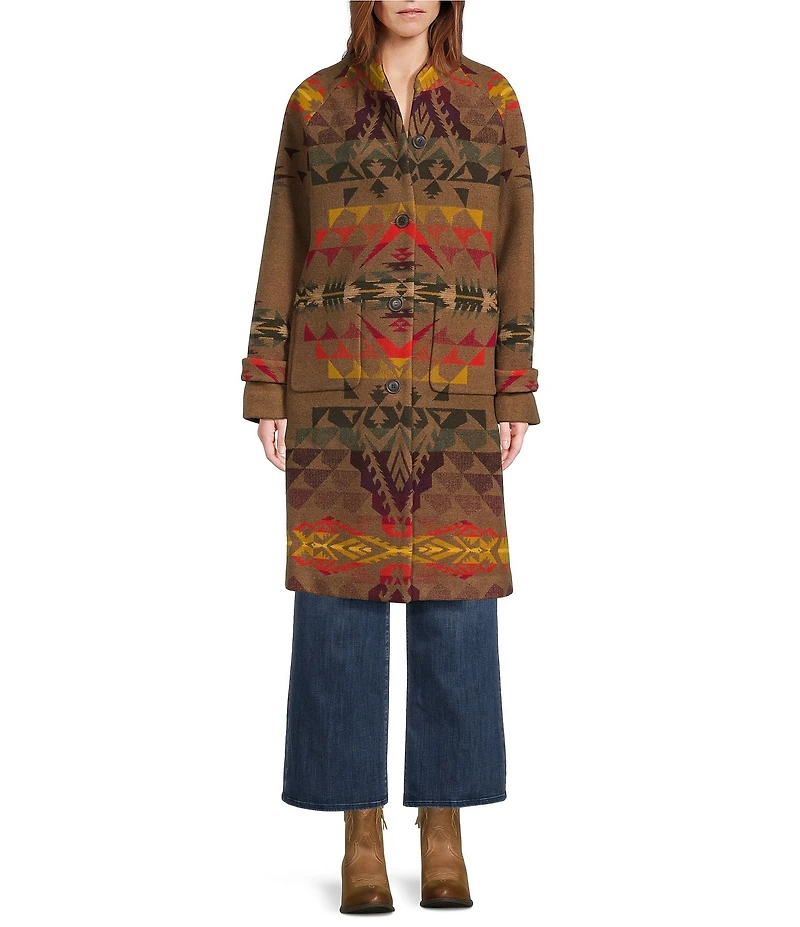 Pendleton Archive Wool Blend Jacquard Print Stand Collar Long Sleeve Coat