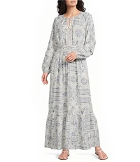 Pendleton Athena Printed V-Neck Long Sleeve Maxi A-Line Dress
