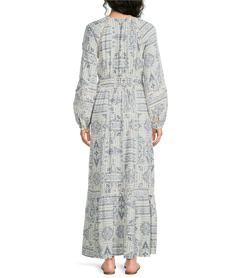 Pendleton Athena Printed V-Neck Long Sleeve Maxi A-Line Dress