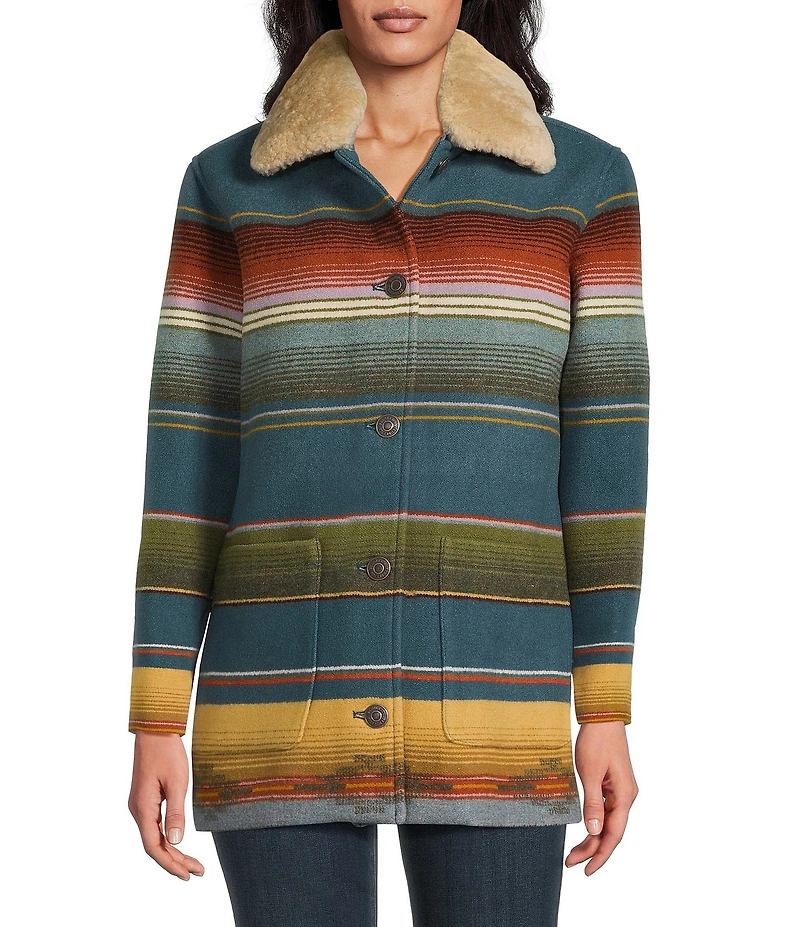 Pendleton Brownsville Striped Wool Detachable Shearling Point Collar Long Sleeve Coat