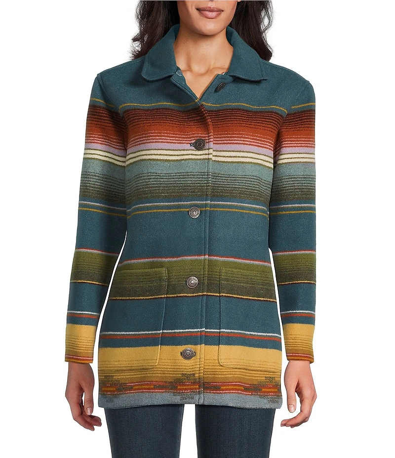 Pendleton Brownsville Striped Wool Detachable Shearling Point Collar Long Sleeve Coat