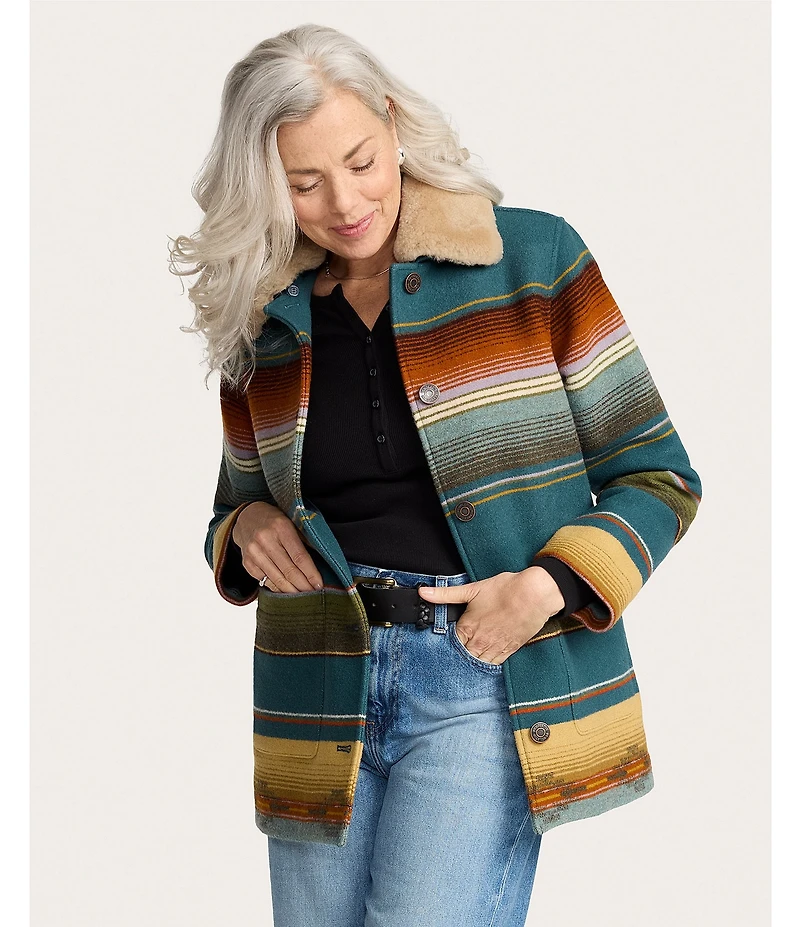 Pendleton Brownsville Striped Wool Detachable Shearling Point Collar Long Sleeve Coat