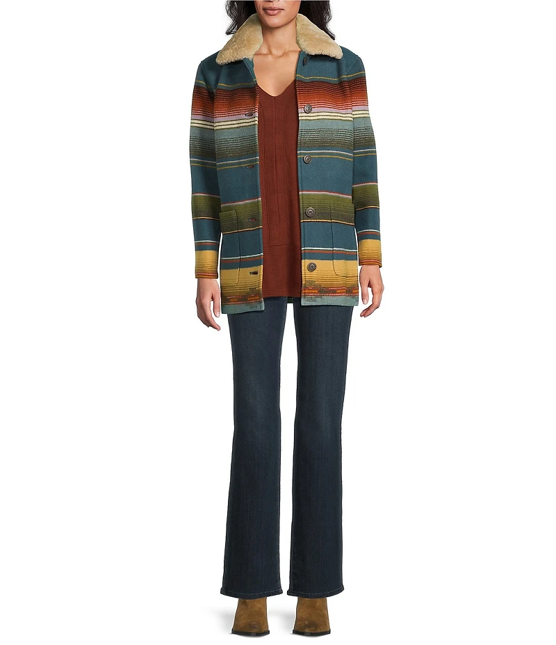 Pendleton Brownsville Striped Wool Detachable Shearling Point Collar Long Sleeve Coat