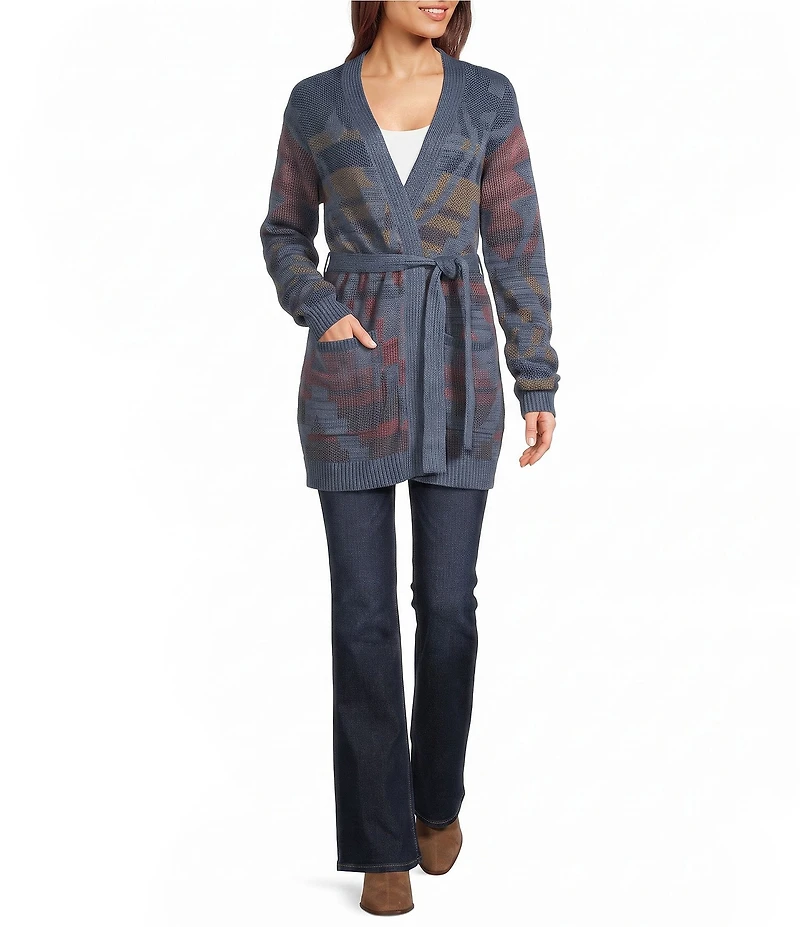 Pendleton Cheyenne Textured Knit Banded Collar Long Sleeve Open Front Tie Cardigan