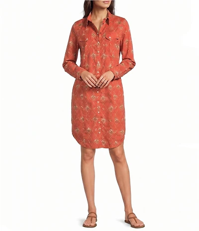 Pendleton Gambler Adobe Lattice Print Point Collar Long Sleeve Shirt Dress